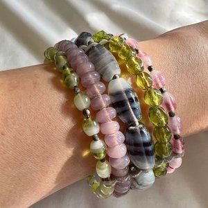 Memory Wire Stacked Pastel Art Glass Bead Multicolor Bracelet